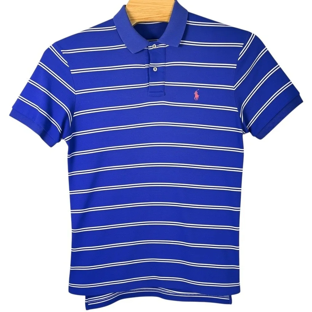 Polo‎ Ralph Lauren Polo Shirt Mens Medium Blue White Striped Jersey Cotton Golf
